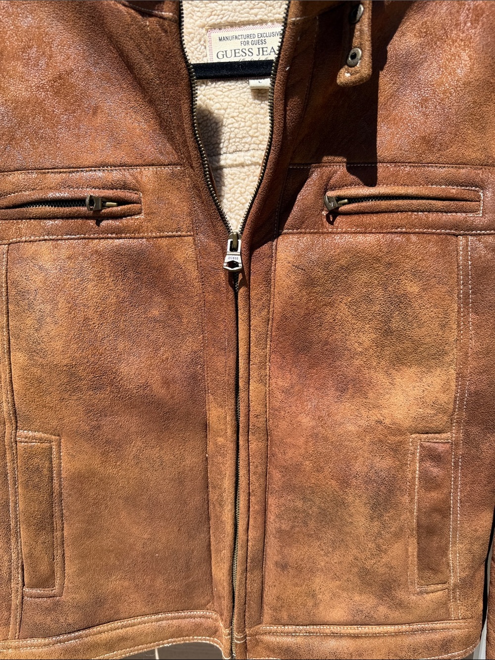 Guess Y2K New Unisex Brown Faux Suede Bomber Jacket with Shearling/ pockets "L" - Picture 6 of 17